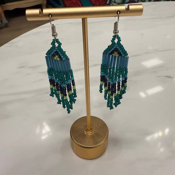 Beaded Fringe Dangle Earrings Green Blue Fashion Jewelry - Picture 2 of 3